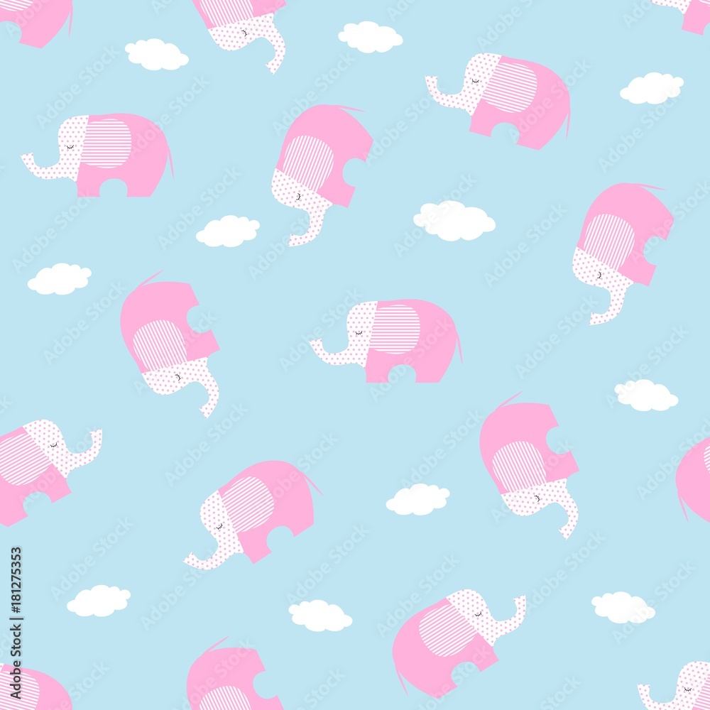 Seamless vector pattern with stylized, cartoon-like, pink elephants on a blue background. Can be used for textile, website background, book cover, packing. Seamless vector pattern with stylized, cartoon-like, pink elephants on a blue background. Can be used for textile, website background, book cover, packing.