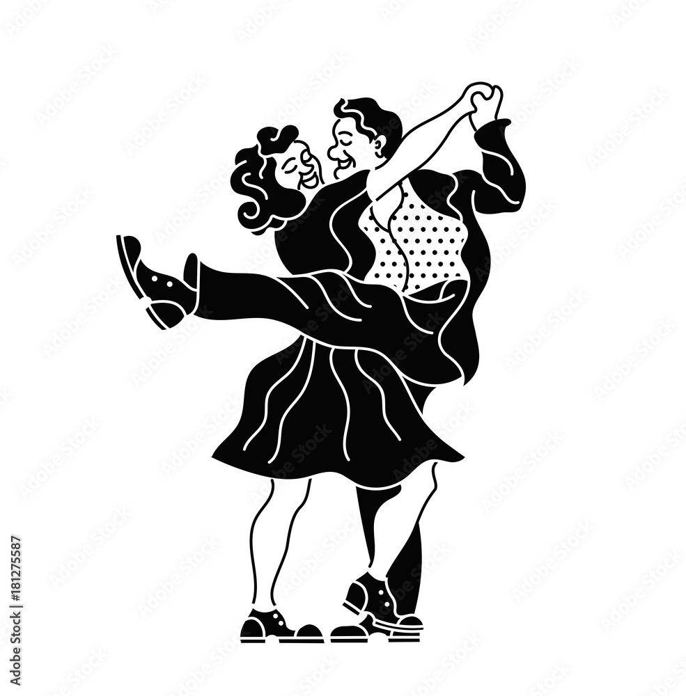 Dancing seniors. Happy old people have fun. Active pensioners.Retro vintage silhouette dancer.Couple silhouettes dancing swing, rock or lindy hop. Retro style isolated.