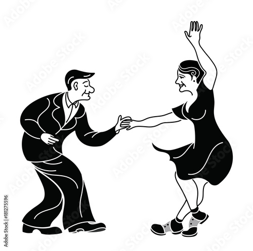 Dancing seniors. Happy old people have fun. Active pensioners.Retro vintage black silhouette dancer.Couple silhouettes dancing swing, rock or lindy hop. Retro style isolated. Print for poster