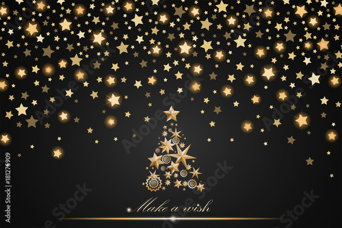 New Year and Christmas card design: gold Christmas Tree made of stars and snowflakes with abstract shining falling stars on black ambient background. Vector illustration