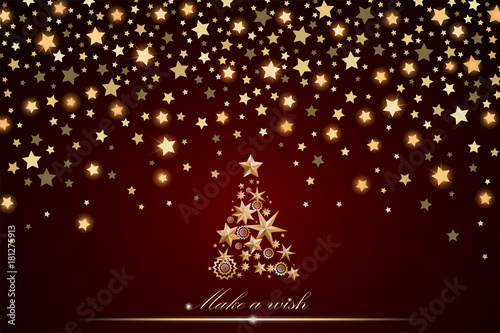 New Year and Christmas card design: gold Christmas Tree made of stars and snowflakes with abstract shining falling stars on red ambient background. Vector illustration
