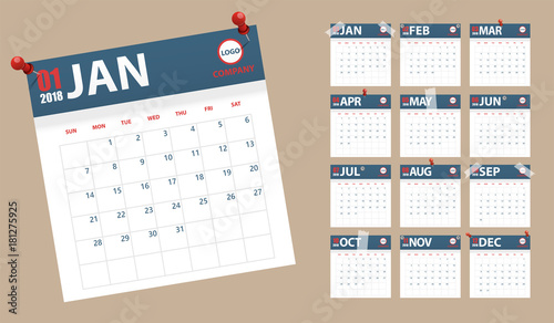 2018 calendar in paper stickers with pins and scotch style. Blue and red. Event planner. All size. Vector illustration