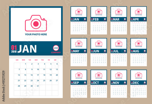 2018 photo calendar isolated. Blue and pink. Event planner. All size. Vector illustration