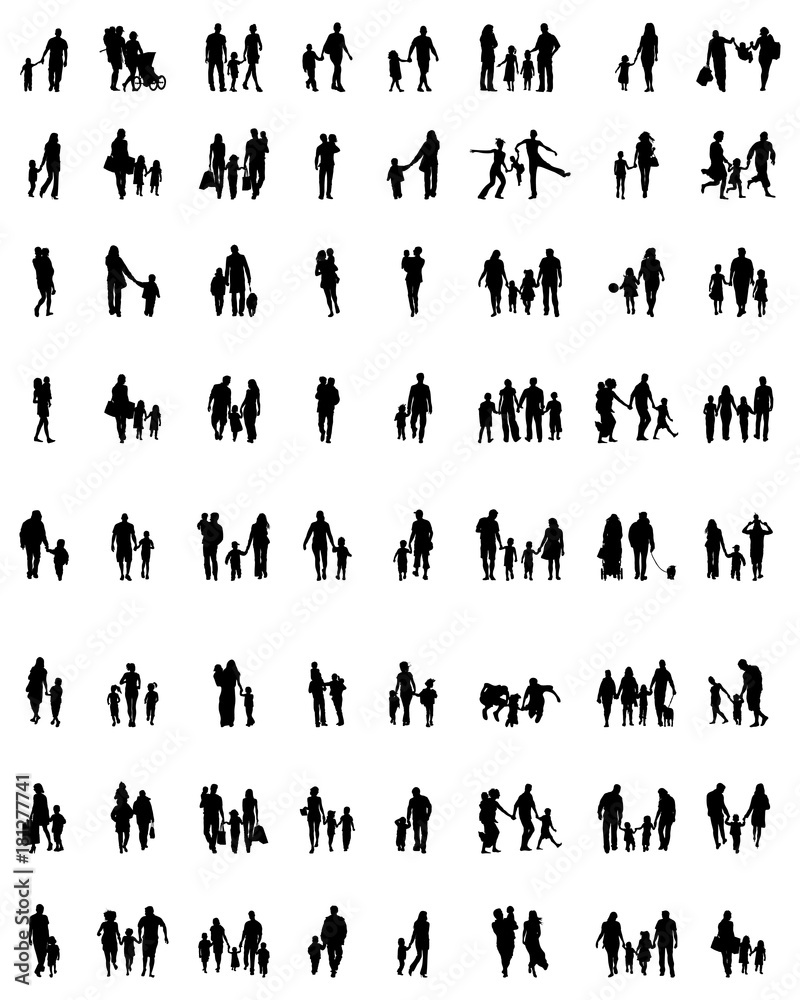 Black silhouettes of families in walking on a white background