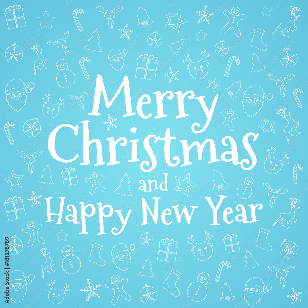 Merry Christmas - poster with hand drawn decorations and greetings. Vector.