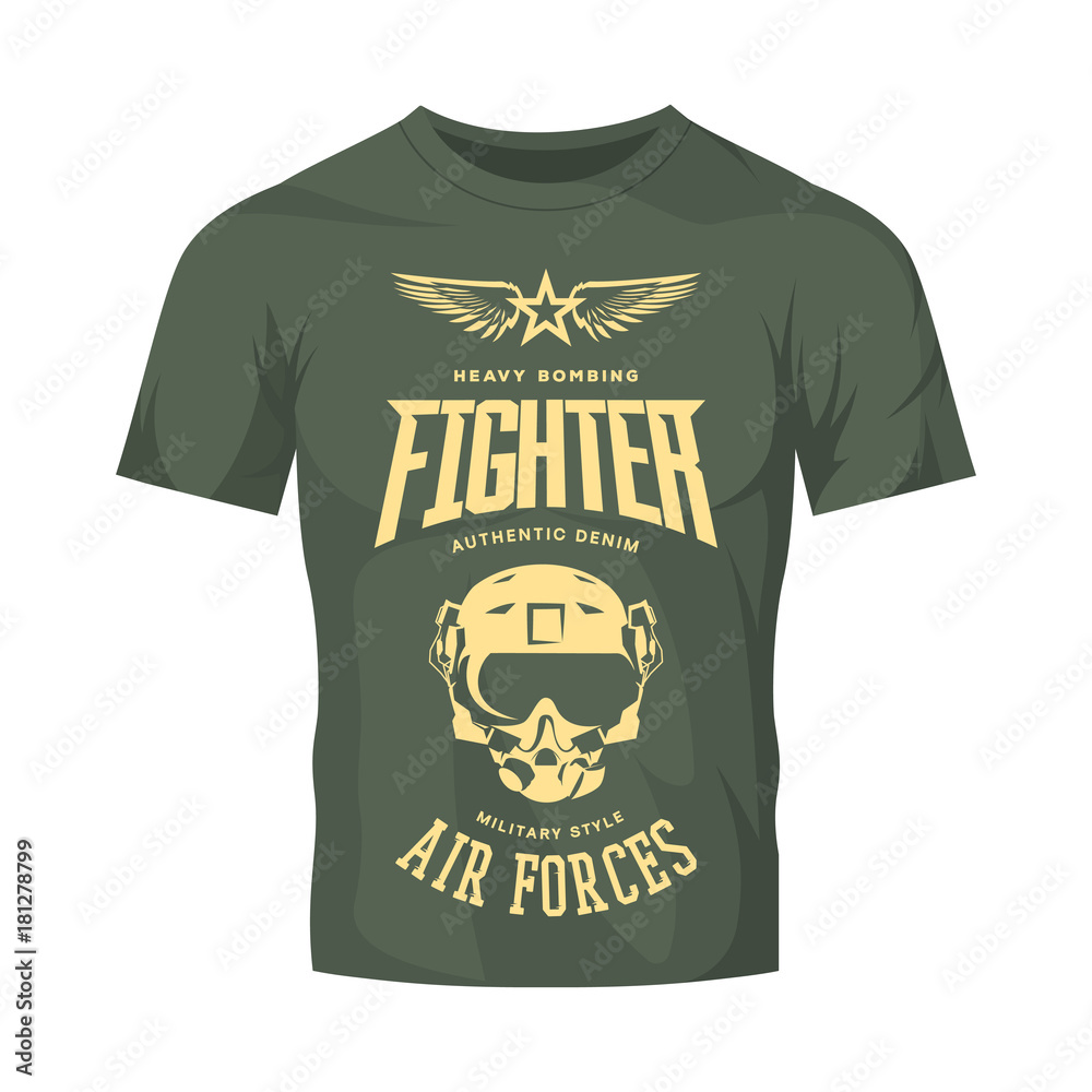 Vintage fighter pilot helmet vector logo isolated on khaki t-shirt mock up.