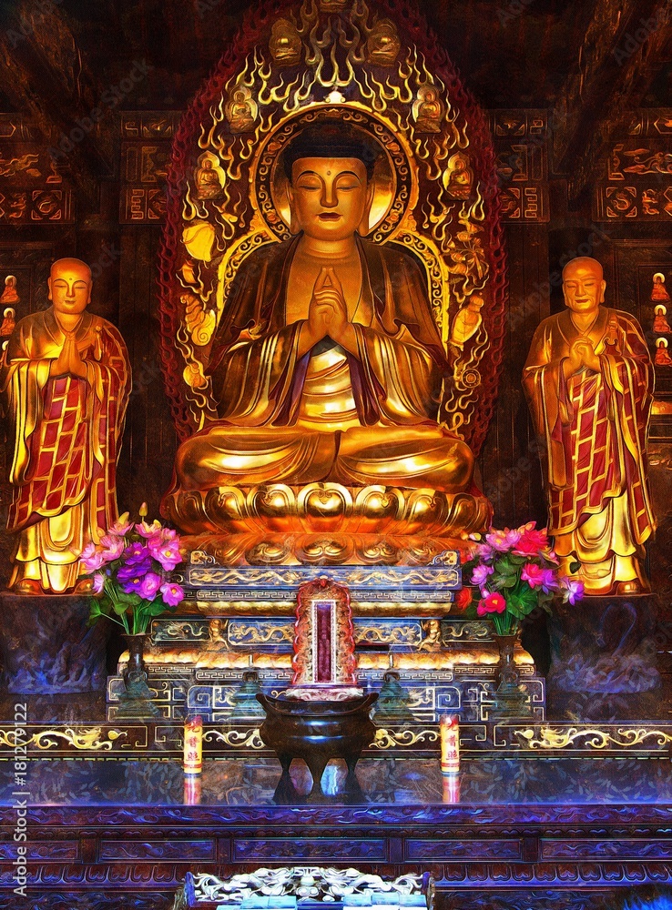 Toned image Golden Buddha statue sitting in lotus position