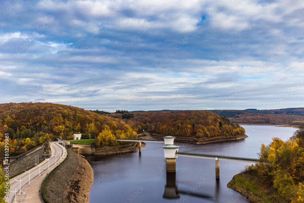 Fototapeta premium View of Gileppe Dam, an arch-gravity dam and its two 2.8m wells on the Gileppe river in Jalhay, Liege province, Wallonia, Belgium