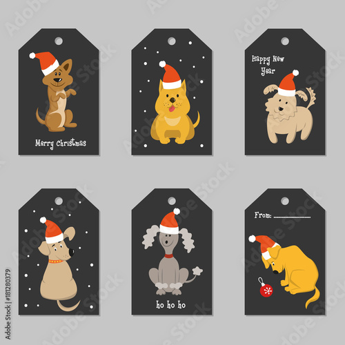 Set of Christmas tags with cartoon dogs.