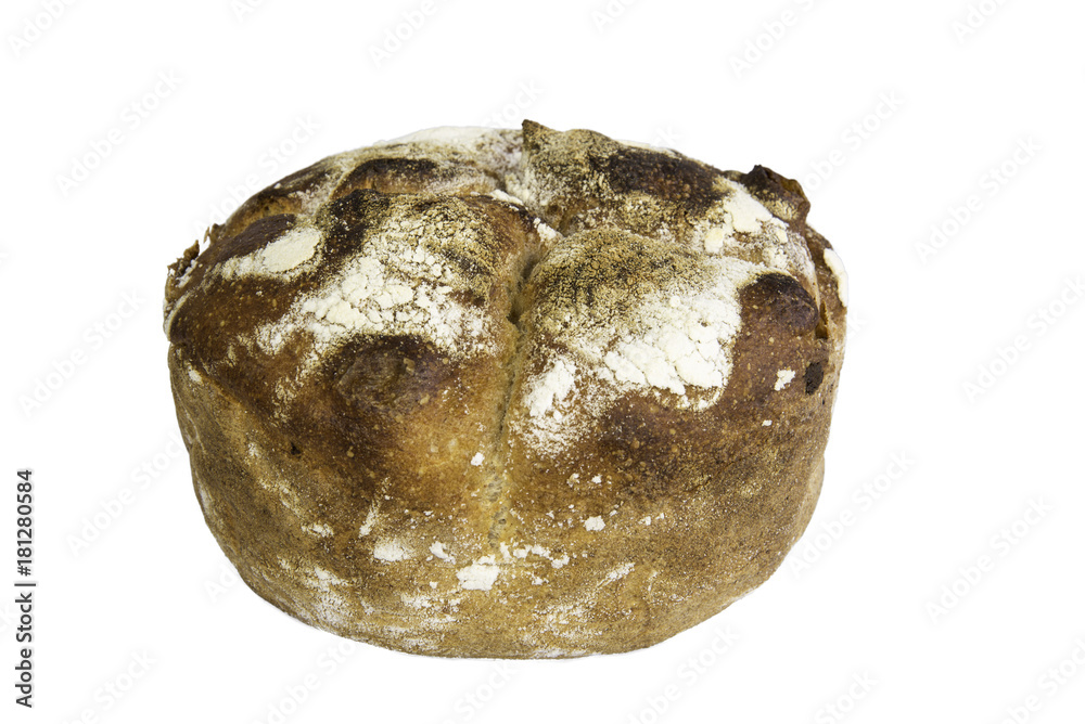 A fresh baked loaf of round artisan sour dough bread  isolated on white with clipping path at ALL sizes.
