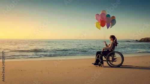 Happy woman on the beach holding ballons