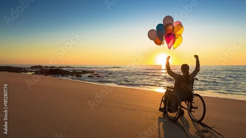Happy woman on the beach holding ballons