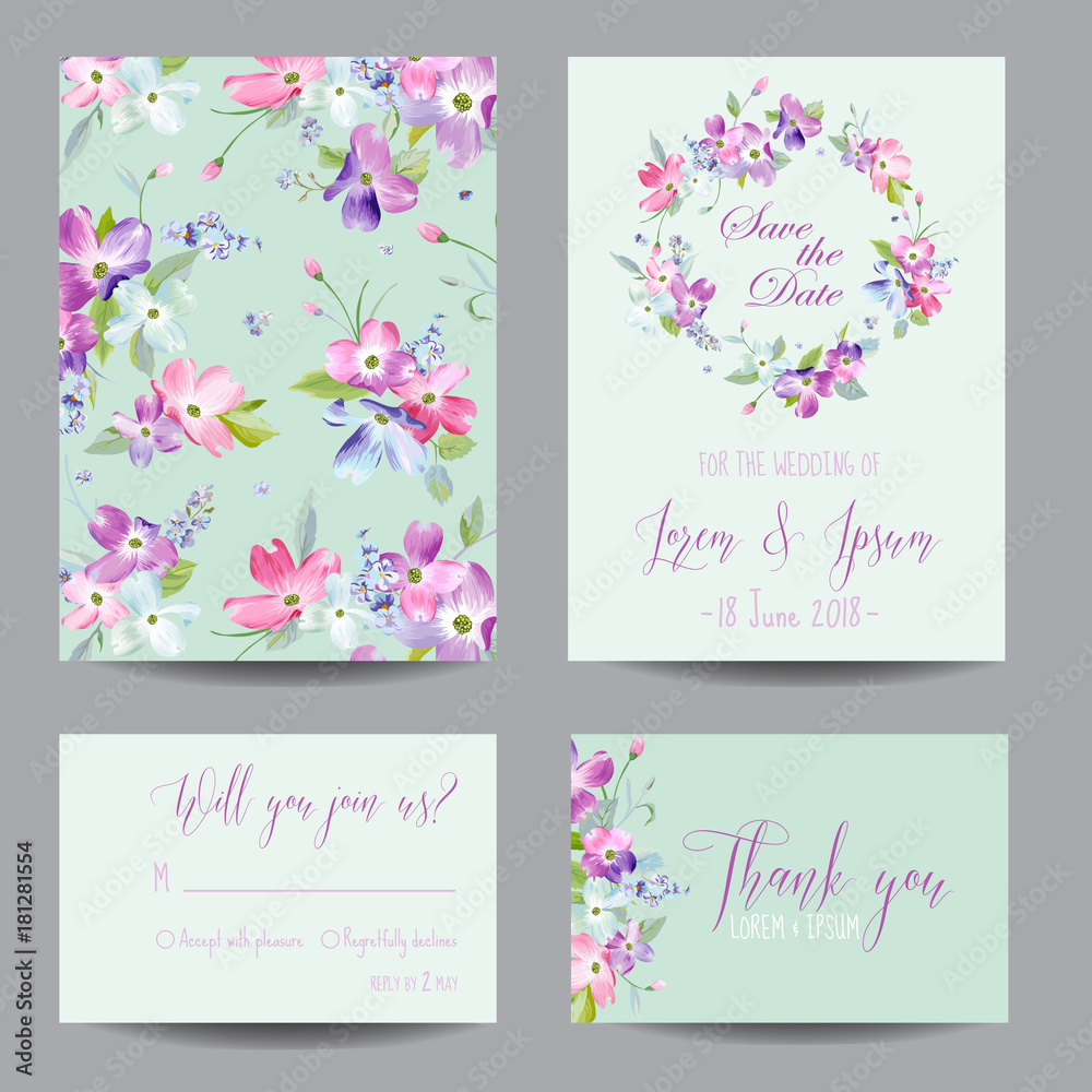 Save the Date Wedding Invitation Template with Spring Dogwood Flowers. Romantic Floral Greeting Card Set for Celebration. Watercolor Botanical Design. Vector illustration
