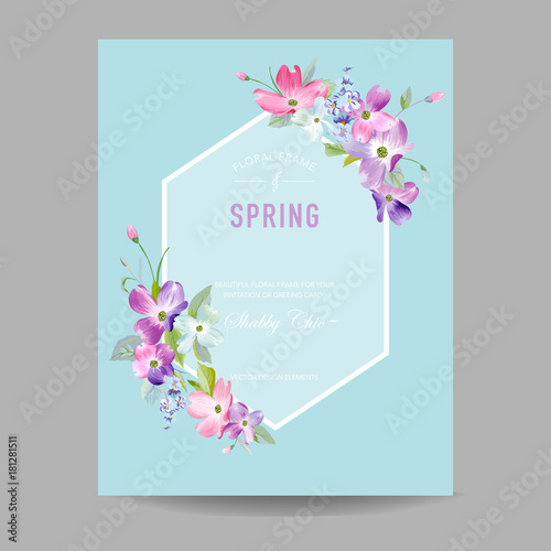 Blooming Spring and Summer Floral Frame. Watercolor Dogwood Flowers for Invitation, Wedding, Baby Shower Greeting Card in Vector
