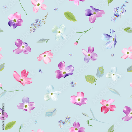 Spring Flowers Seamless Pattern. Watercolor Floral Background for Wedding Invitation, Fabric, Wallpaper, Print. Botanical Hand Drawn Texture. Vector illustration
