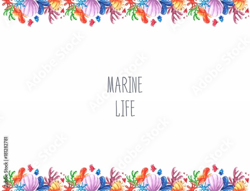 Beautiful watercolor border with seaweed and corals on white background