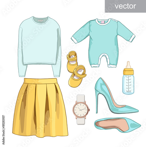 Vector. Lady fashion set of spring season outfit. Illustration stylish and trendy clothing. Dress, bag, accessories, sunglasses, high heel shoes. photo