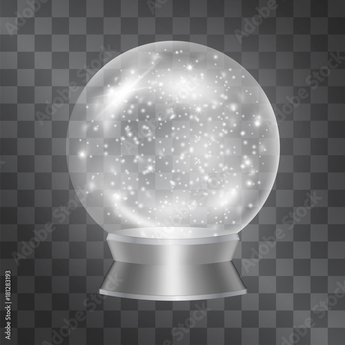 Vector magical crystal sphere, glass winter globe full of sparkles and snowflakes for winter, Christmas mood. Glowing ball, classic present, gift to keep memories. Glossy mystical prediction artefact.