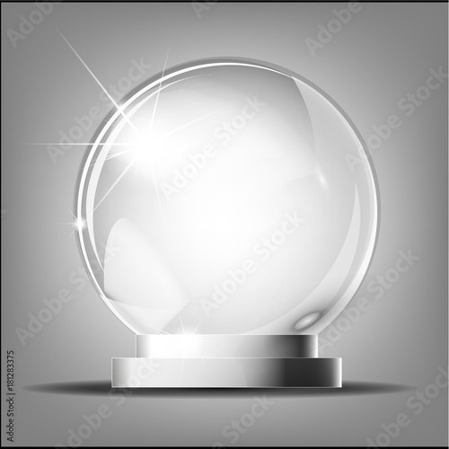 Glass trophy award. Vector award on gray backgroundGlass transparent crystal globe. Magic attribute. Empty sphere. Stand for a souvenir, trophy. Realistic vector object isolated on plaid background photo