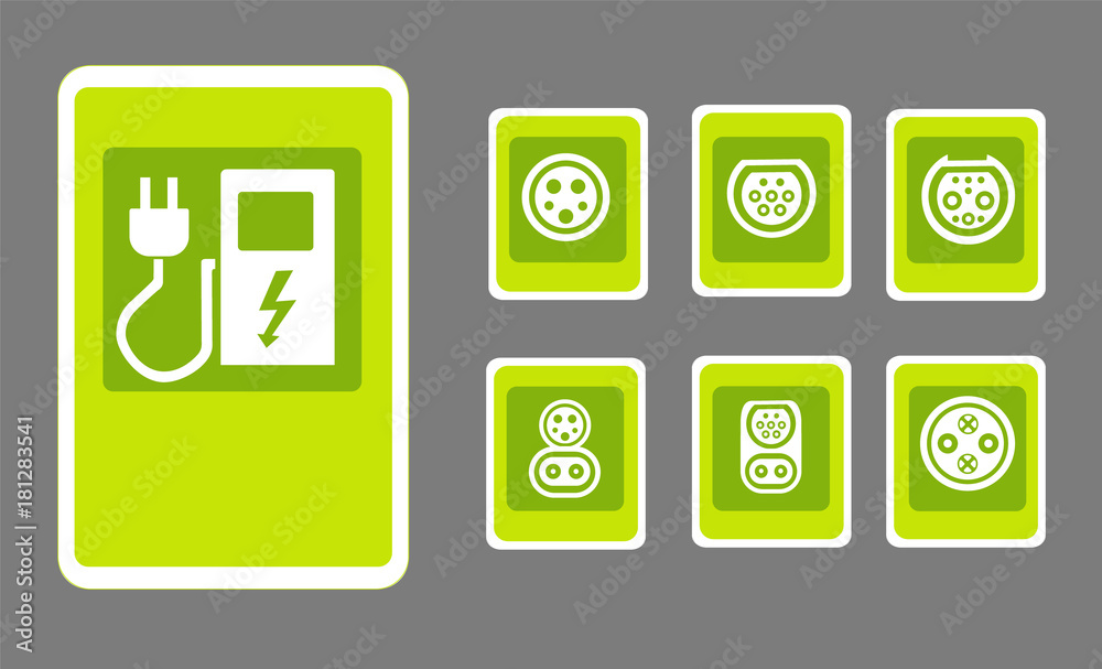 charging station of a modern electric vehicle logo, on the street, which is the future. The vector illustration. flat design. Charger input options charging station of a modern electric vehicle logo, on the street, which is the future. The vector illustration. flat design. Charger input options