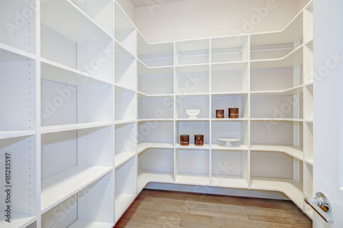 Pantry interior with empty shelves in a new home