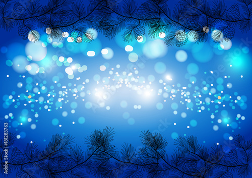 Blue Christmas sparkling background, winter vector card template.