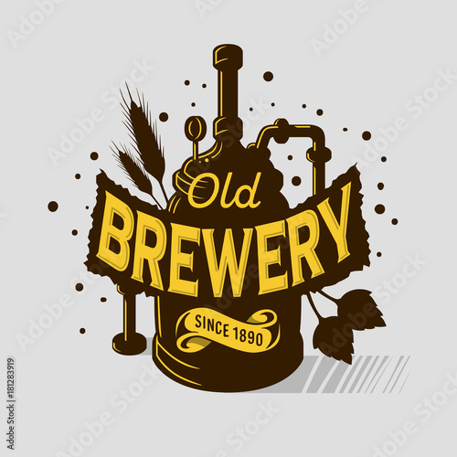 Beer Logo Emblem Print  Design Brewery Equipment Boiling Installation. Artistic Cartoon Tatoo Style. Vector Graphic.