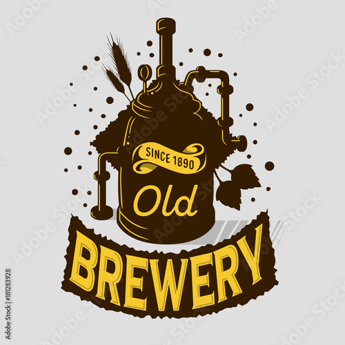 Beer Logo Emblem Print Design Brewery Equipment Boiling Installation. Artistic Cartoon Tatoo Style.