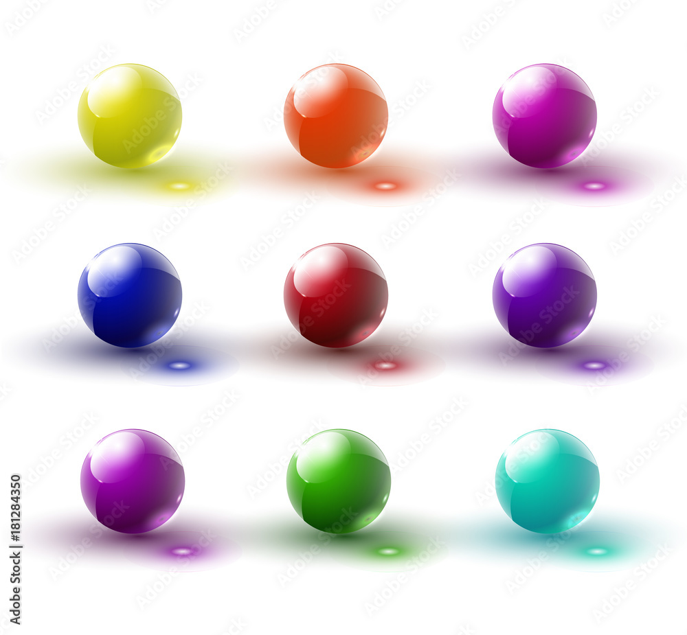 Set of glass balls on a transparent background. Isolated objects. Multi-colored glass balls. Vector illustration.