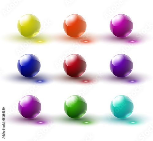 Set of glass balls on a transparent background. Isolated objects. Multi-colored glass balls. Vector illustration.