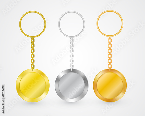 Realistic key holders, vector medal templates hanging on chain with holding ring. Silver, bronze and golden mock up for company branding, souvenirs with empty space for symbol or logo.