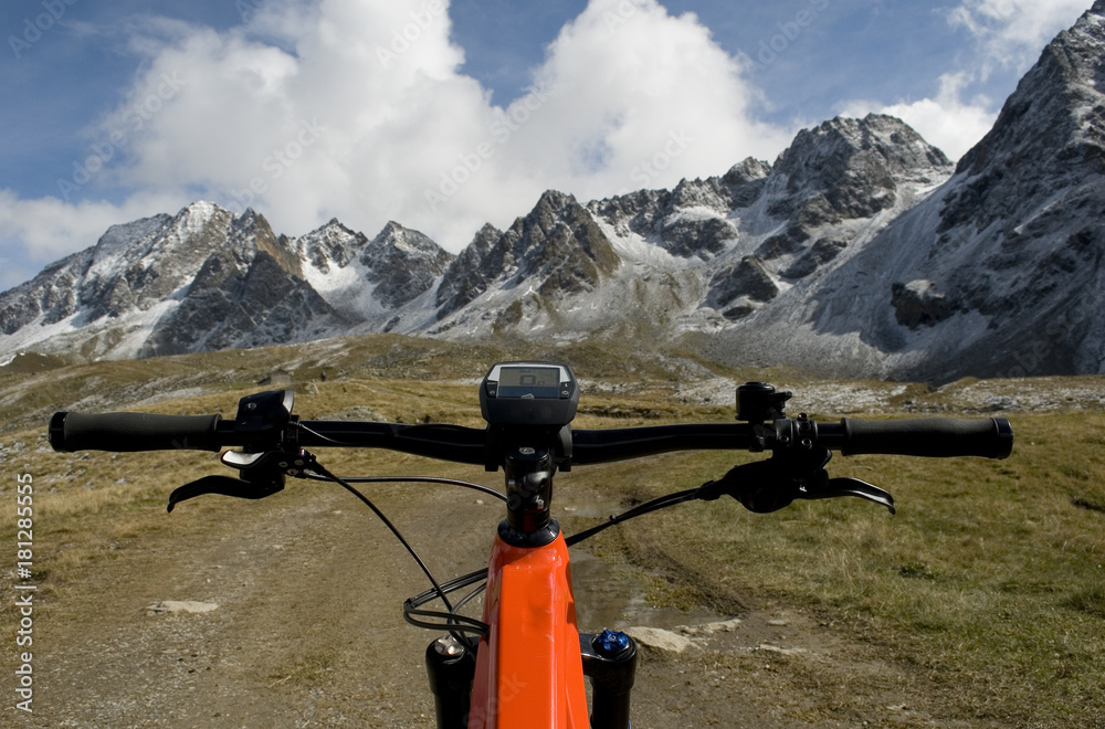electric bicycle (orange), ebike, in a valley covered with pasture grass,  snow covered mountains background (Castel, Kastelhorn) from a fresh  snowfall, Formazza valley, Autumn, clouds sun, Italy Stock Photo | Adobe  Stock
