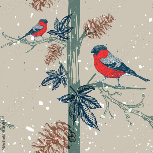 Seamless pattern with bullfinch on tree branch. Seasonal natural pattern with pine cones. Vector illustration. Hand drawn image.