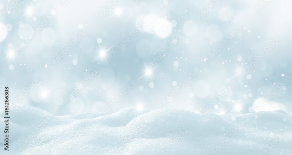 Winter  background with snow and blurred bokeh.Merry Christmas and happy New Year greeting card with copy-space.