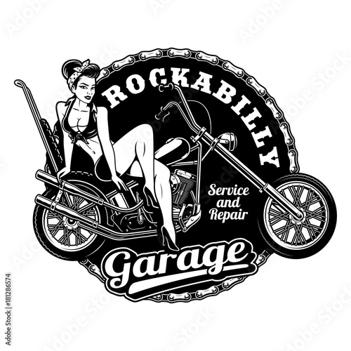 Pin up girl on motorcycle (monochrome version)