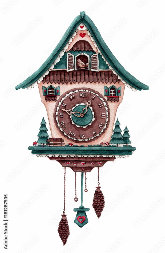 Рисунок акварелью "Часы с кукушкой" Stock Illustration