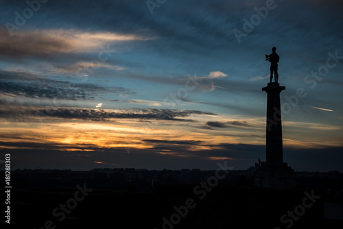 Sunset on Kalemegdan, statue Victor silhouette, Belgrade