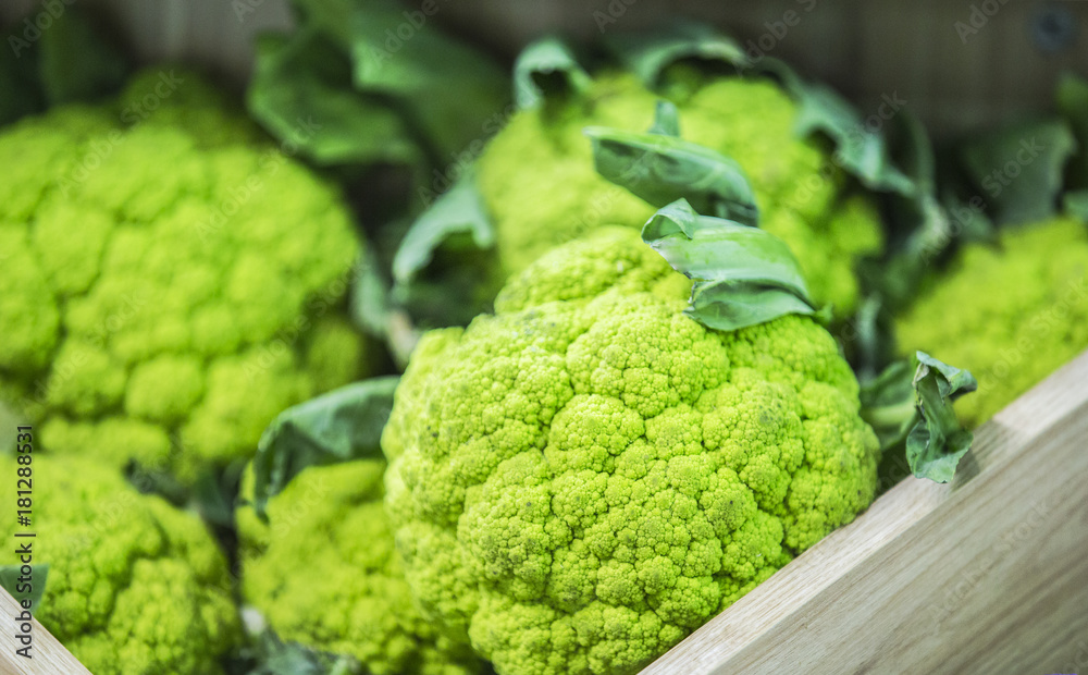 Green cauliflower in market, close up Green cauliflower in market, close up