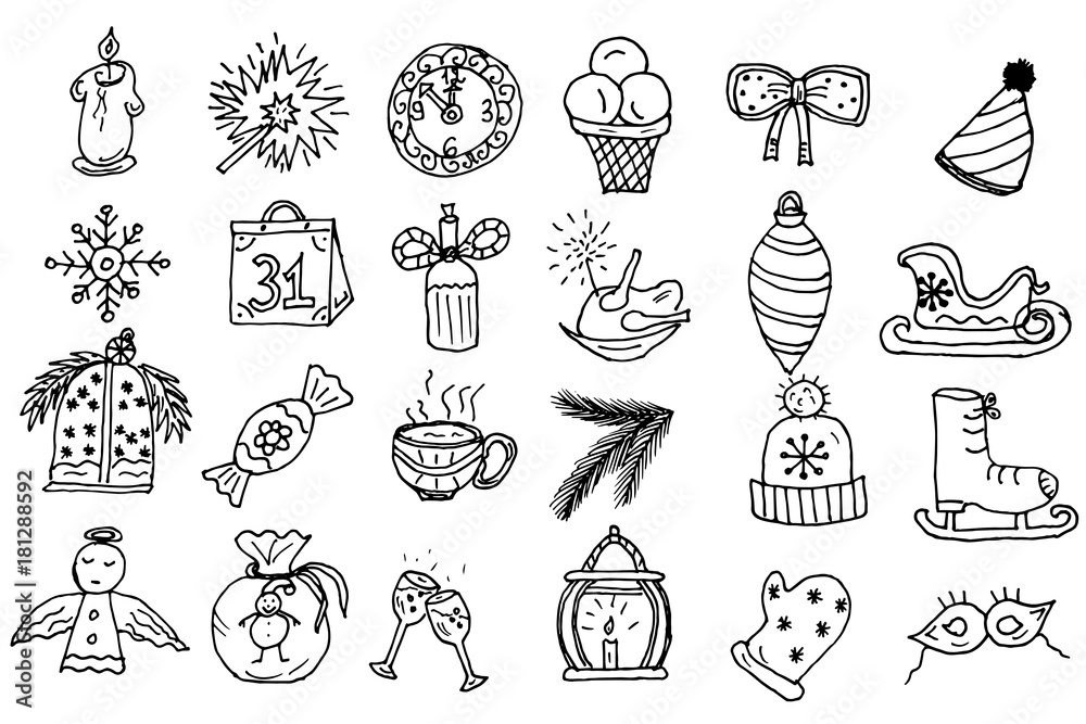 Merry Christmas and Happy New Year. Christmas season hand drawn seamless pattern. Vector illustration. Doodle style. Decorations. Winter holiday backgrounds for design. Vector eps 10.