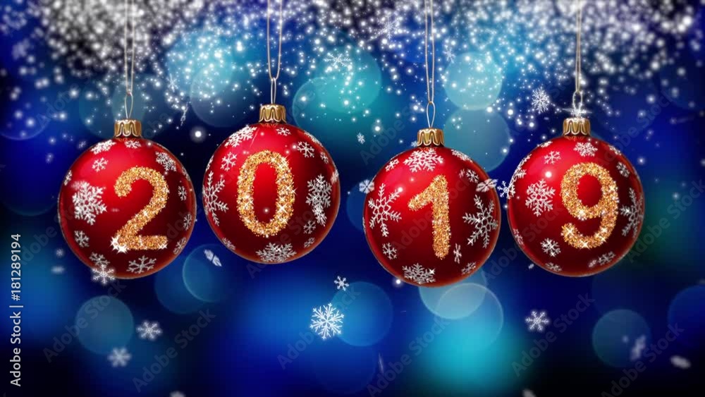hanging 2019 number glitter Christmas balls on blue bokeh background. 4K