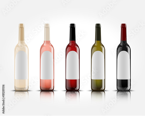 3d realistic vector wine bottles on white background with empty labels for your design and logo. Mockup for presentation of your product.