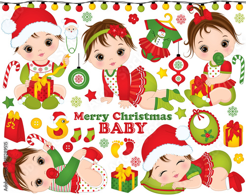Vector Christmas and New Year Set with Cute Little Baby Girls and Festive Accessories and Toys