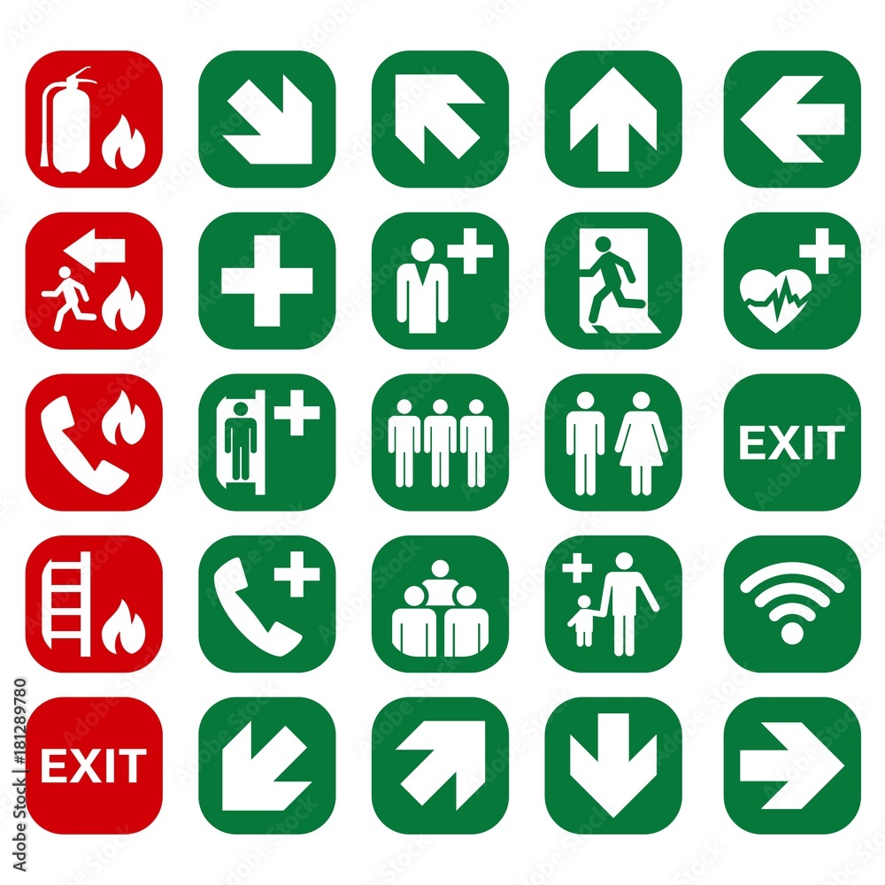 VECTOR. Set of safety signs. Exit sign. Emergency fire exit door and
