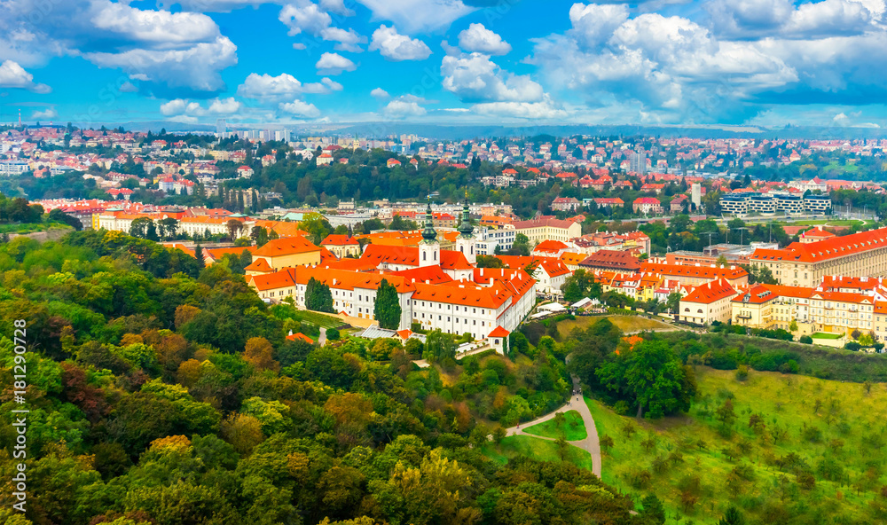 View of the Strahov Monastery from the top of the Petrin Gardens in the Czech Republic in Prague