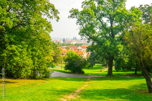 Petrin garden in autumn in Prague, Czech Republic. View of the Prague Castle from the Petrin Garden