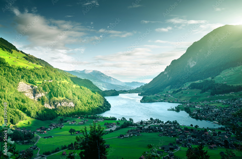 Aerial view on Lungernsee lake, Switzerland, Europe Aerial view on Lungernsee lake, Switzerland, Europe