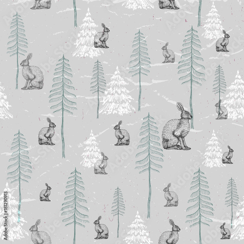 Vector hand drawing the pattern with rabbits silhouette in vintage style. Botanical Illustration. Illustration for greeting cards, invitations, and other printing projects.
