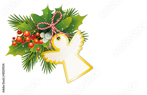 Weihnachtskarte mit Tannenzweige, Ilex und Misteln Beeren 
und Engel Karte zum selbst beschriften,
Geschenkanhänger und Schleife, 
Vektor Illustration isoliert auf weißem Hintergrund