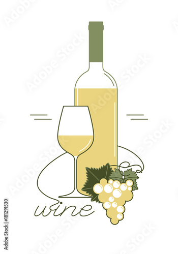 White wine. A bottle, a wine glass, a bunch of grapes with a leaf. Linear vector illustration for menu, tasting, wine list.