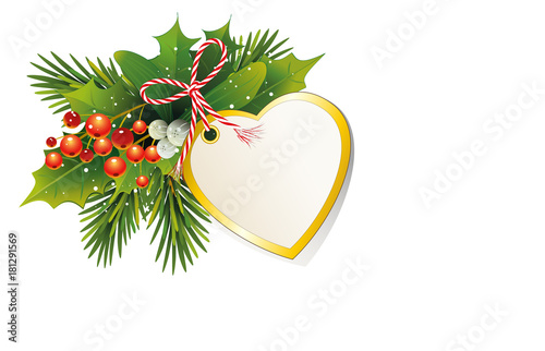 Weihnachtskarte mit Tannenzweige, Ilex und Misteln Beeren 
und Herz Karte zum selbst beschriften,
Geschenkanhänger und Schleife, 
Vektor Illustration isoliert auf weißem Hintergrund
